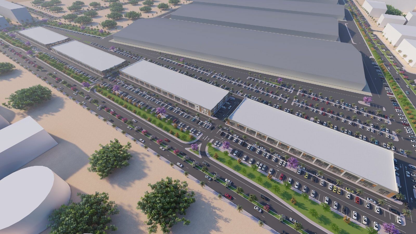 Aerial render of the retail blocks and parking.