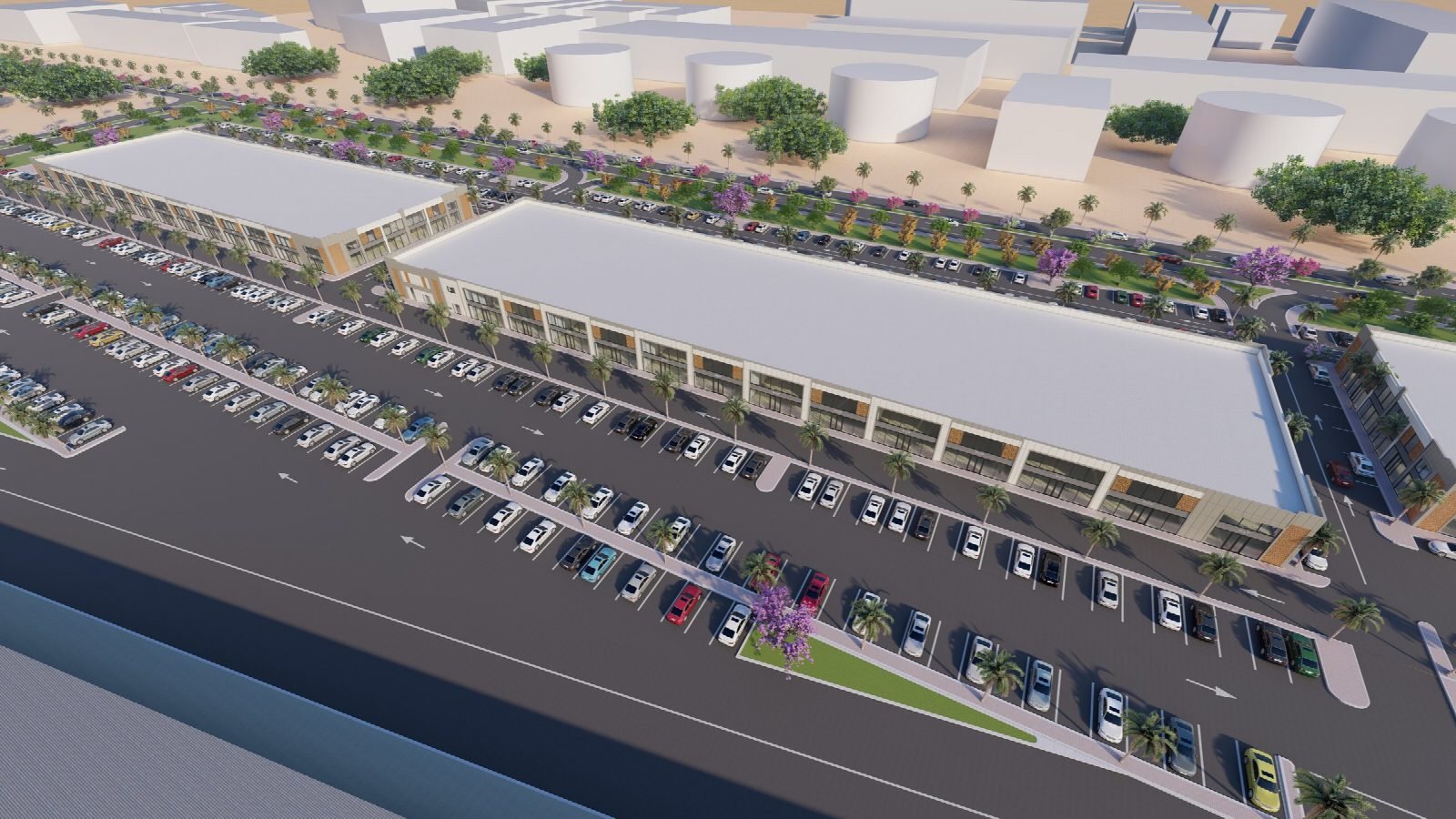 Aerial render along the main frontage and car park.