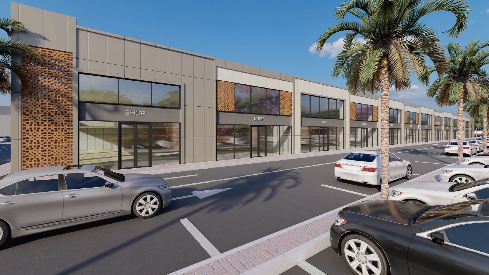 Street-level render of the shopfronts.