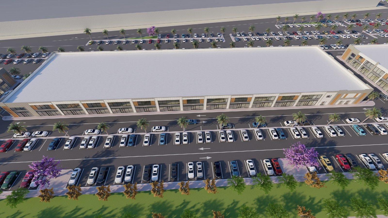 Aerial render of a retail block and its landscaping.
