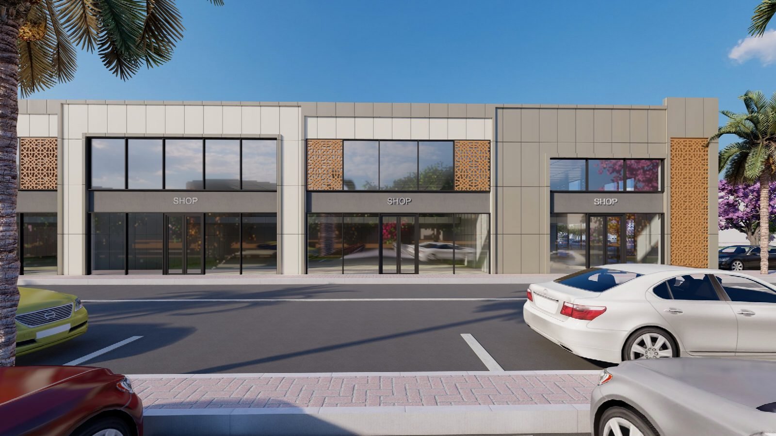 Render of the two-storey shopfronts and entrances.