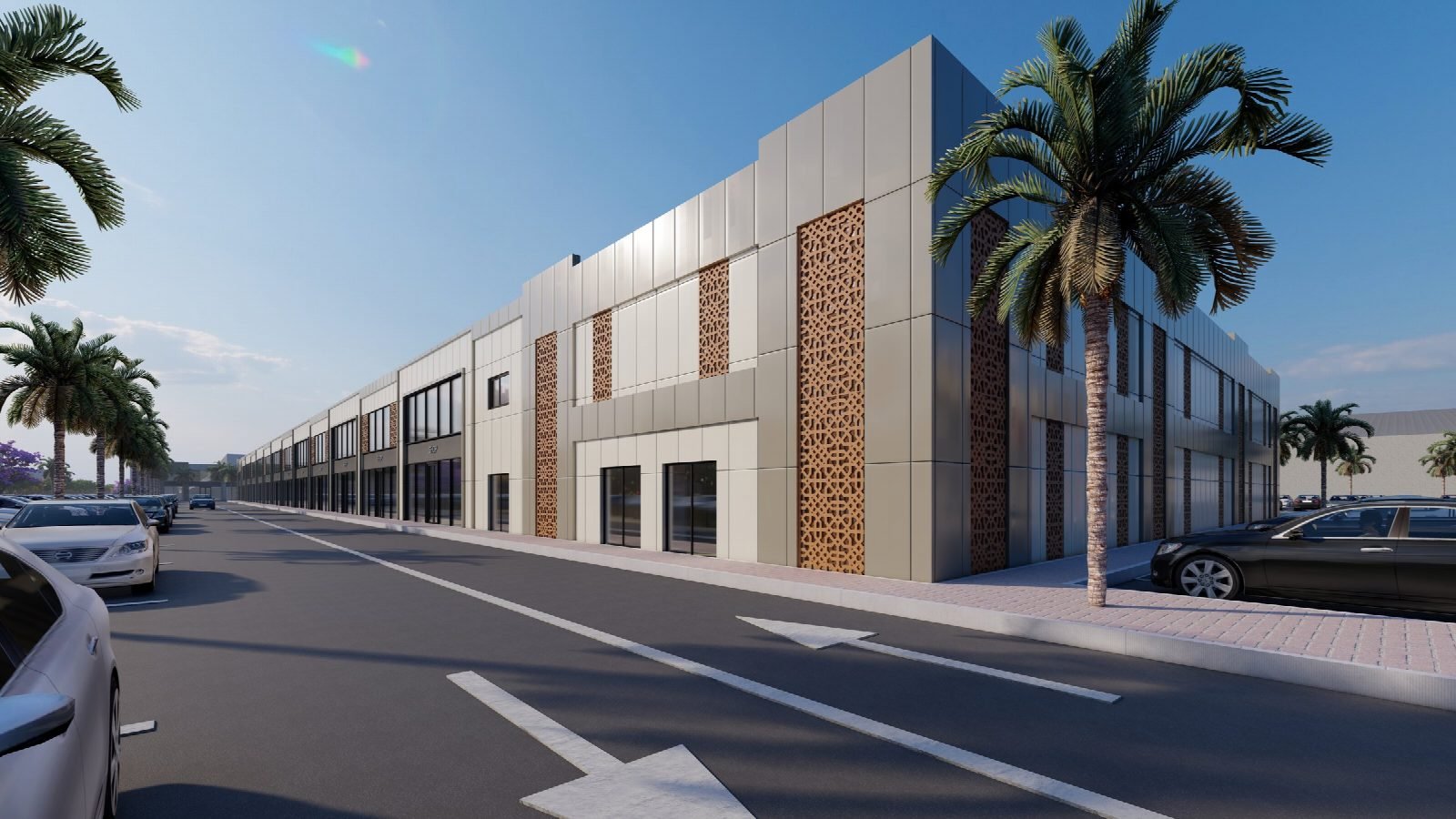 Render of the corner unit and screened façade.