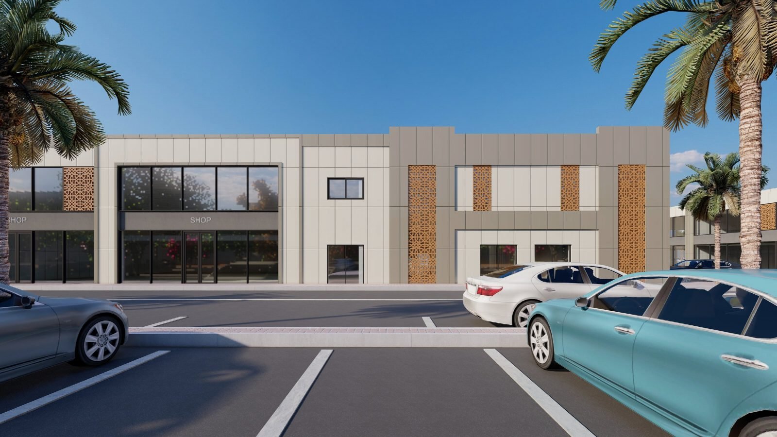 Render of the shopfronts from the parking aisle.