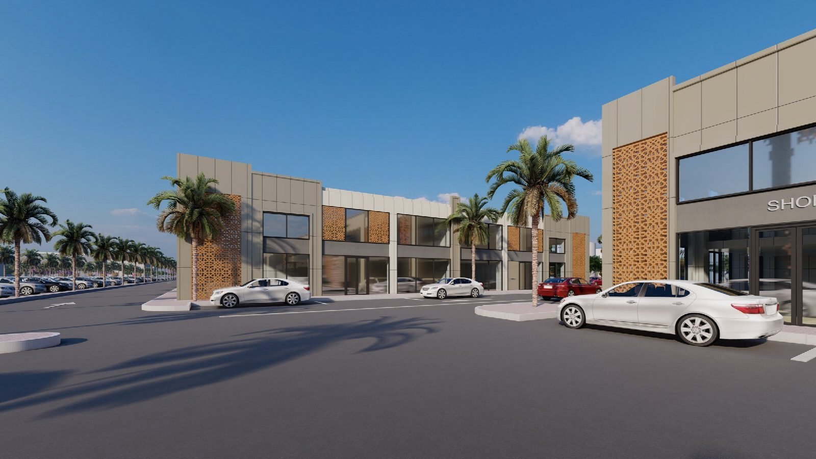 Render of the retail street with palms and parking.