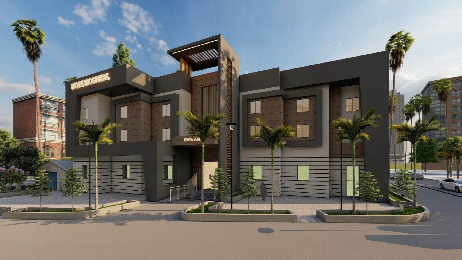 Front elevation render with the main entrance and drop-off.