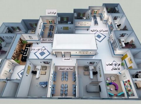 Cutaway 3D of the first floor showing clinics, waiting areas and circulation.