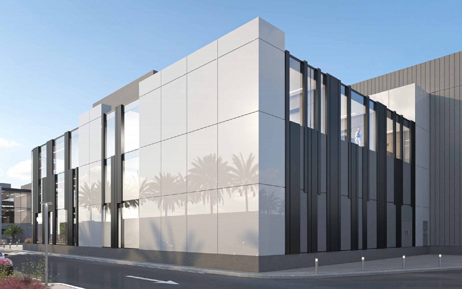 Side render of the office block, option 1.