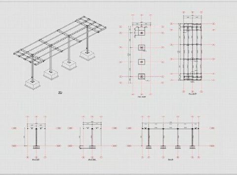 Canopy structural model with column layout and elevations.
