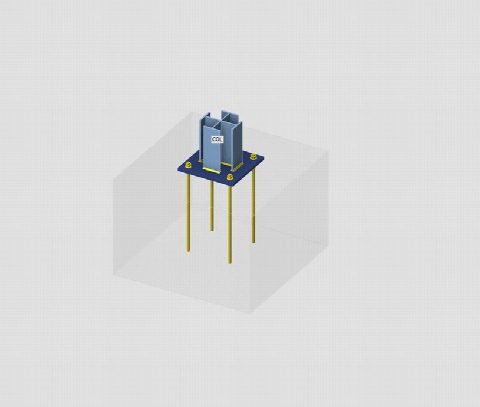 3D model of a canopy column base: base plate, welds and four anchor bolts set in the concrete pedestal.