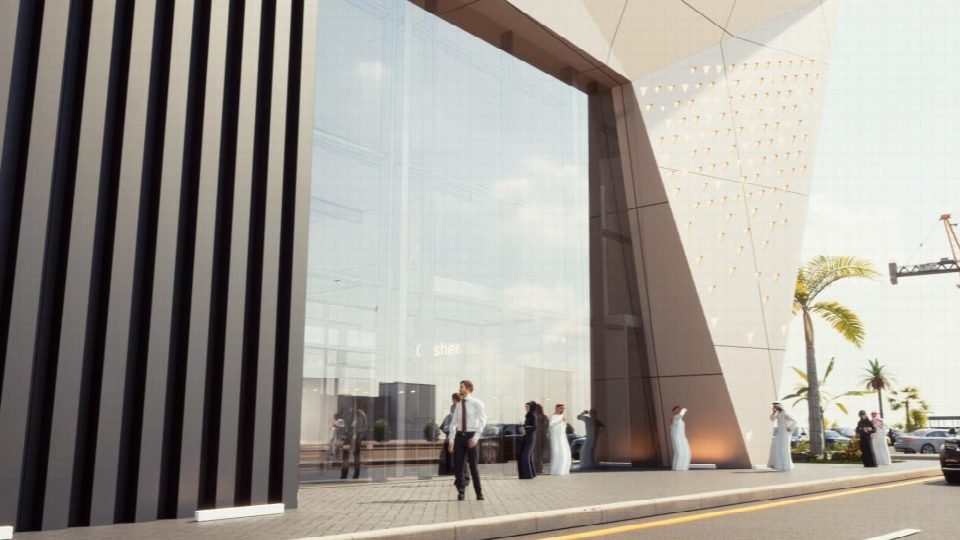 Render of the showroom entrance portal.