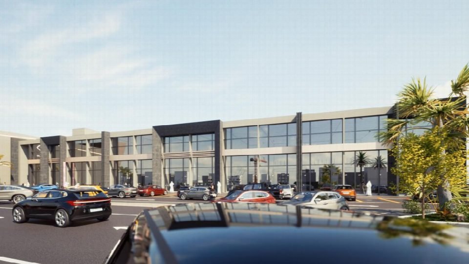 Retail frontage and parking court.