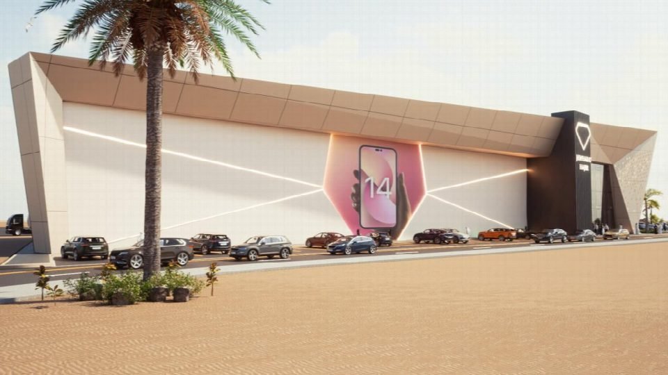 Render of the showroom along the main road.