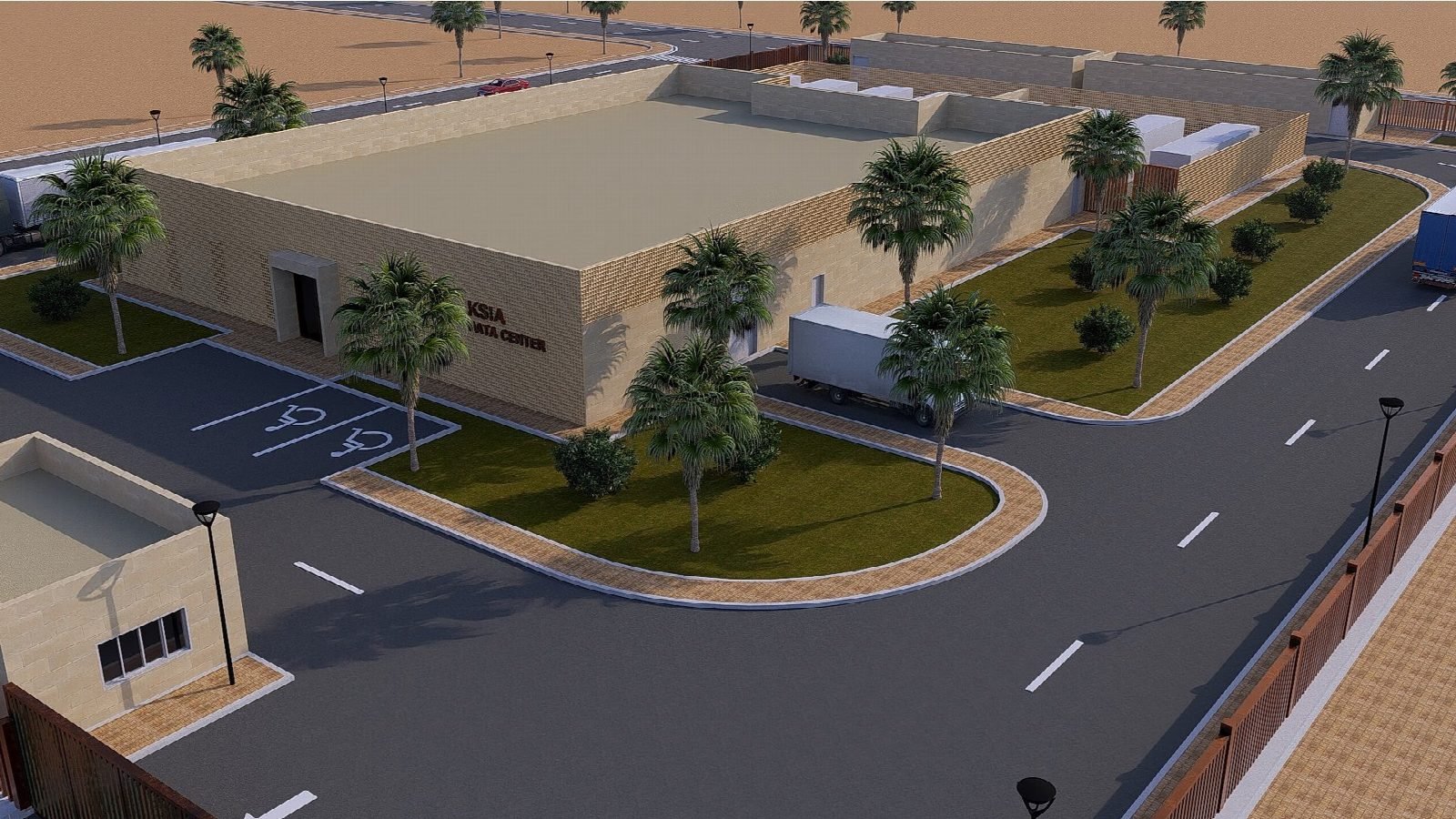 Aerial rendering of the building and yard.