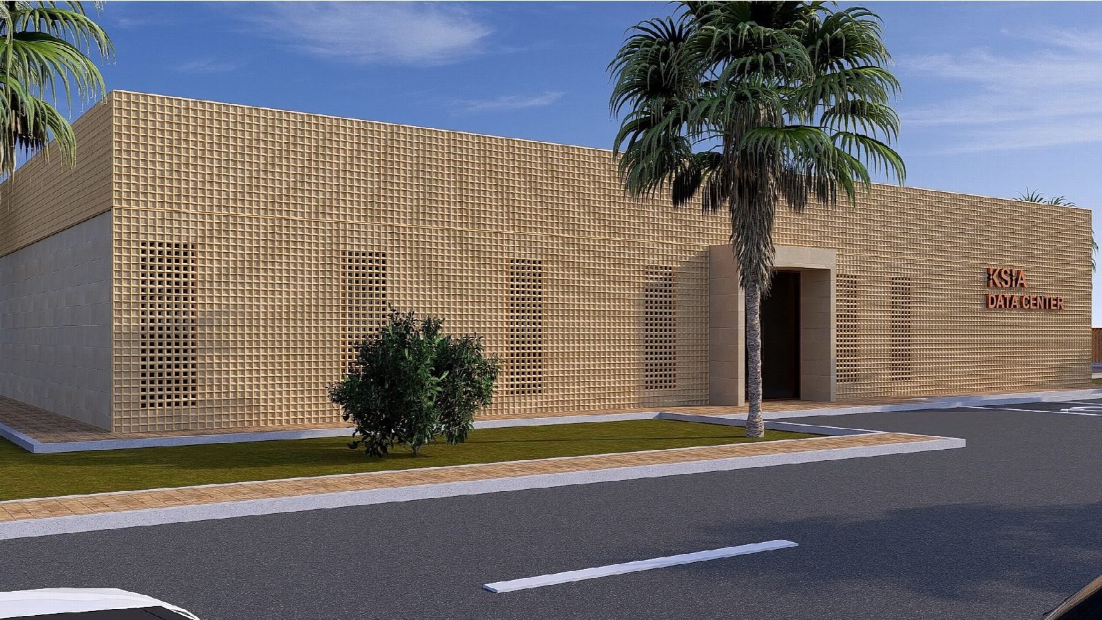 Rendering of the façade with the perforated screen.