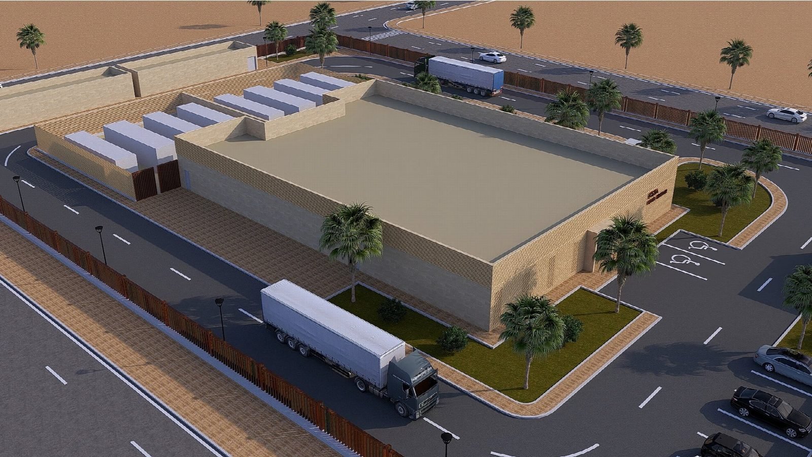Aerial rendering of the service yard.