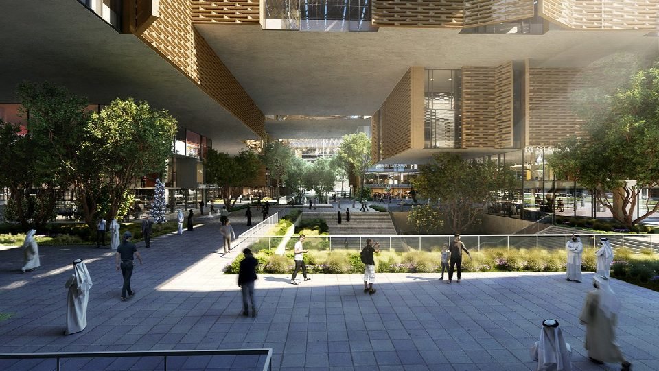 Render of the shaded pedestrian plaza.