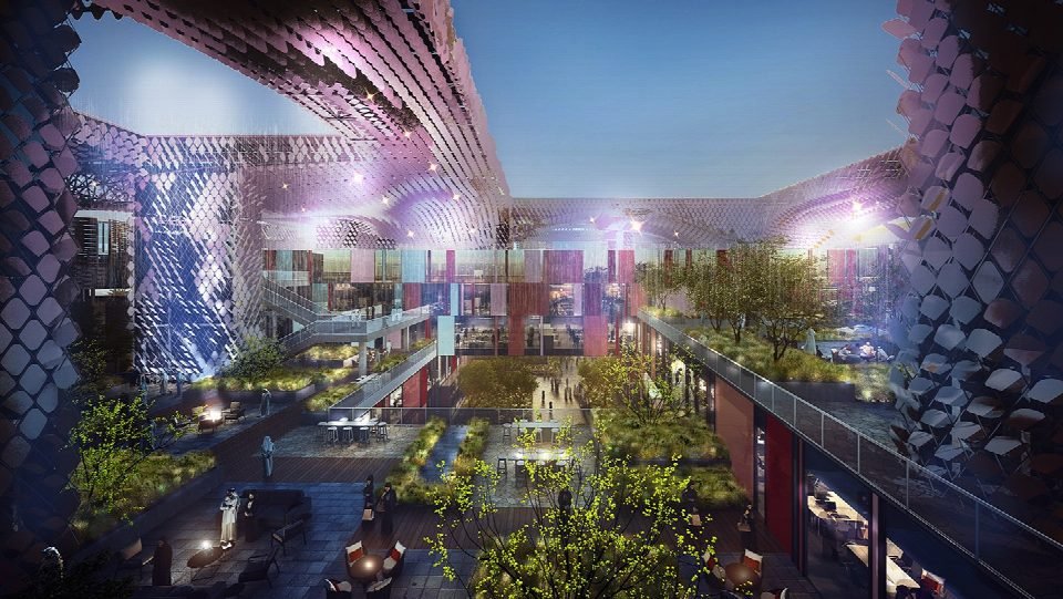 Night render of the covered courtyard.
