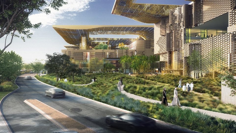 Render of the approach road and landscaping.