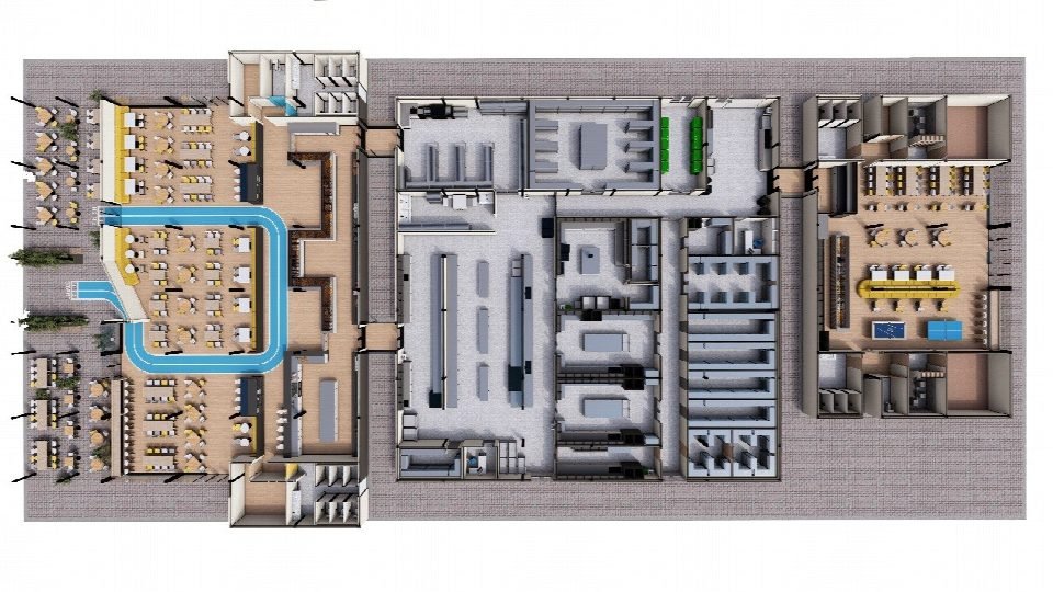 Rendered 3D floor plan of the pavilion showing the dining hall, central kitchen and lounge layouts.