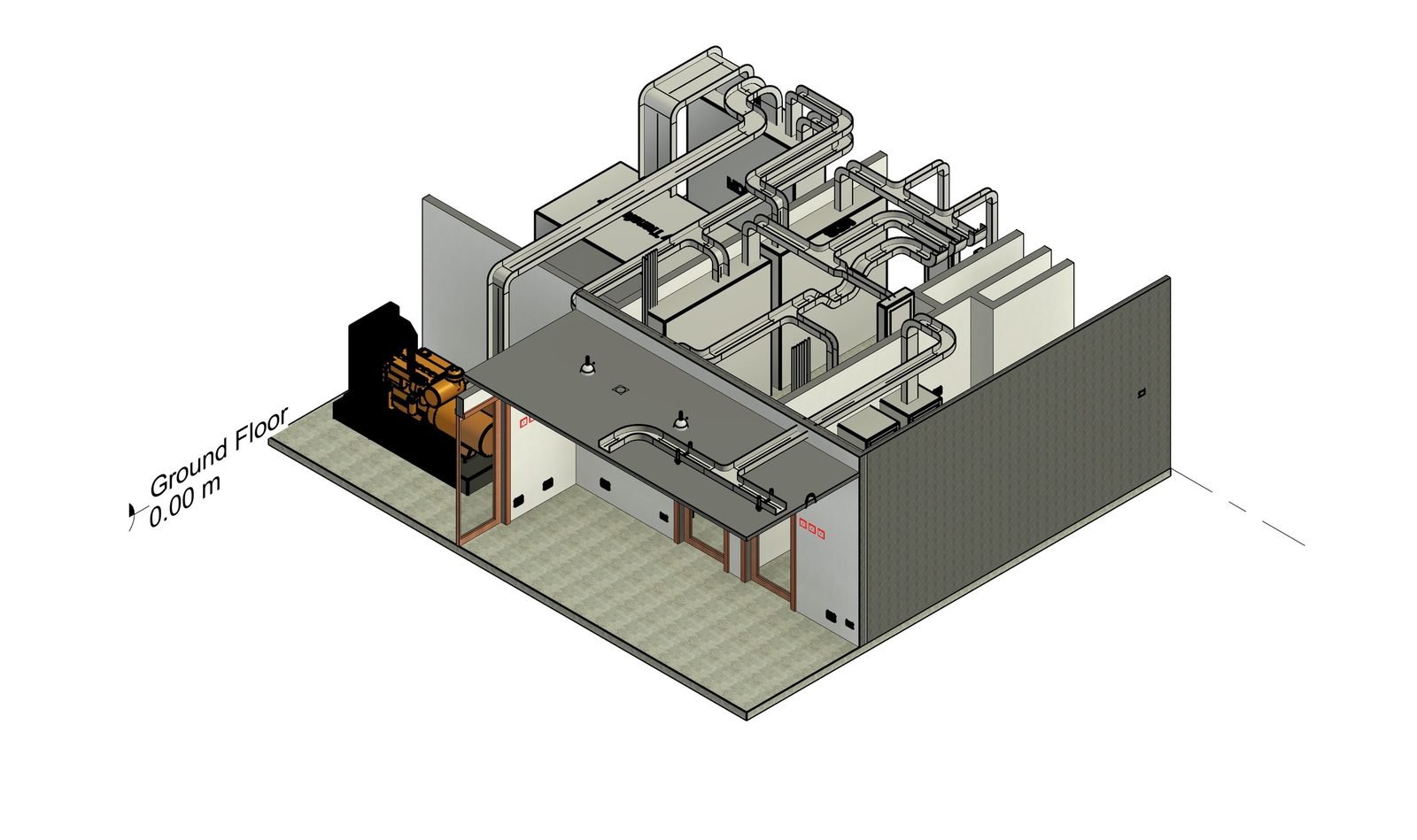 قطاع ثلاثي الأبعاد على Revit لمنطقة المعدات في الدور الأرضي: مولد ديزل احتياطي وغرف المعدات ومسارات الخدمات العلوية.