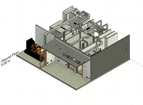 مقطع في نموذج BIM للدور الأرضي مع الأنظمة الكهروميكانيكية (MEP).