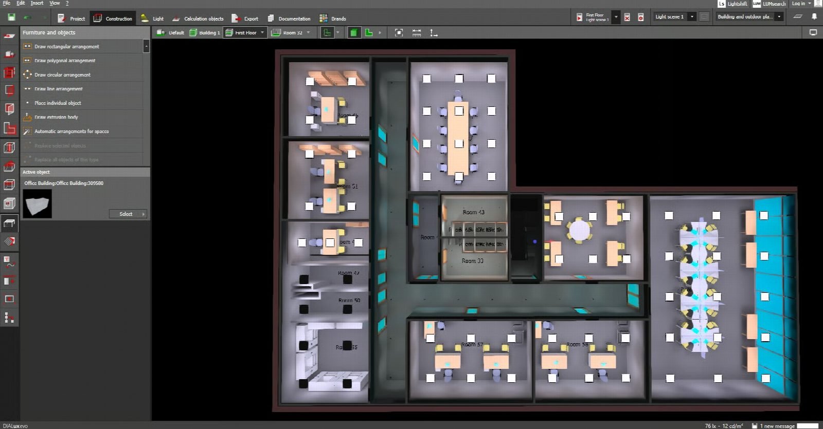 DIALux lighting study of the office floor plan.