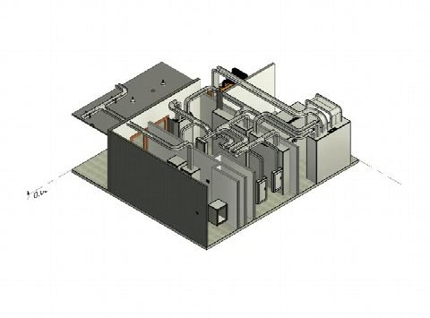 Cutaway BIM model of the ground-floor electrical rooms, showing the distribution boards, switchgear and cable containment.