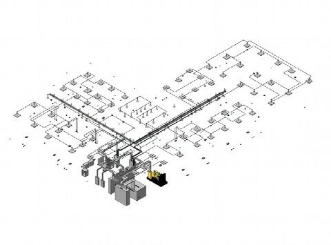 Isometric of the electrical network, showing the distribution boards, transformers, standby generator, cable trays and lighting circuits.