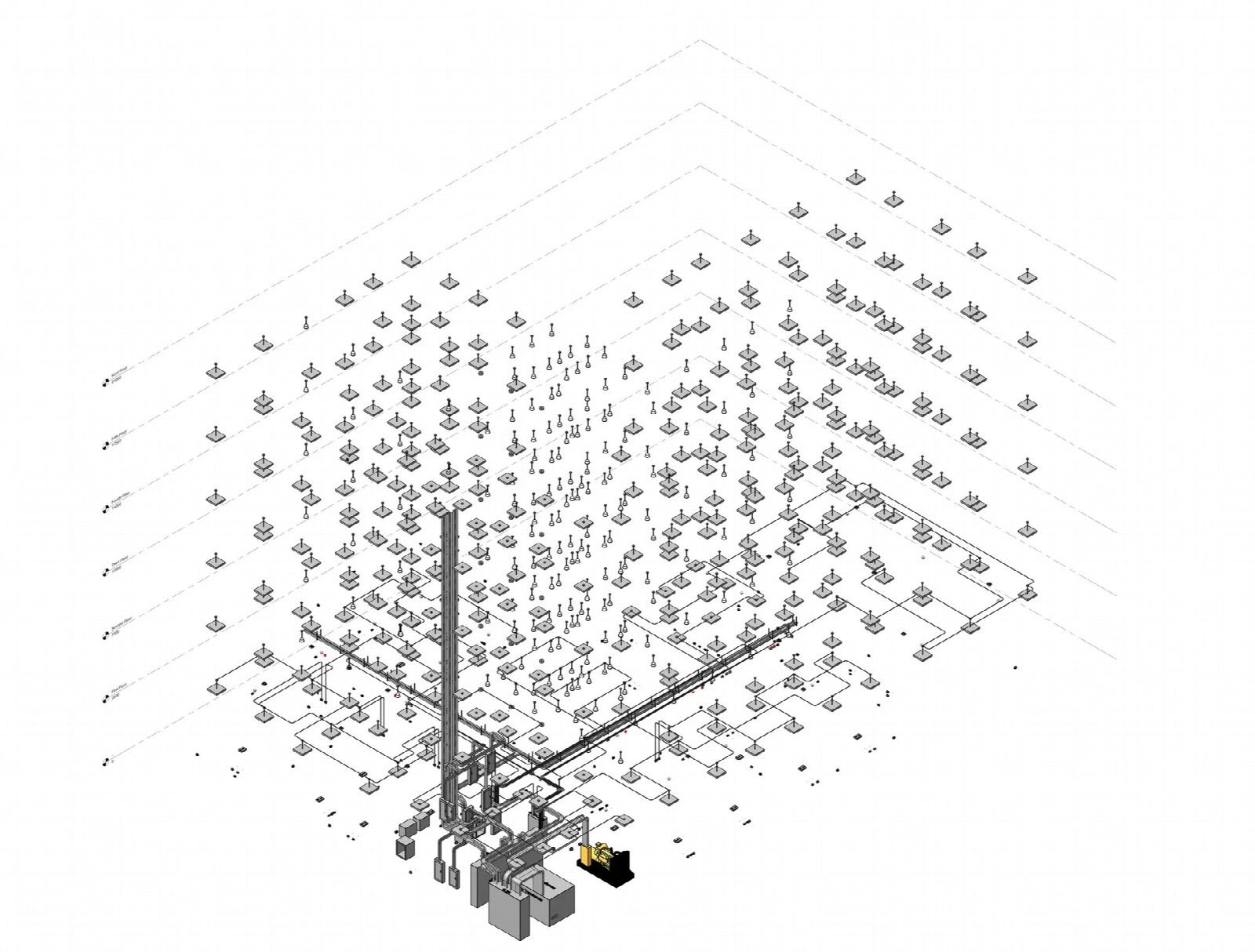 Isometric of the electrical installation across all floors, showing the light fittings, the vertical cable-tray riser, the distribution boards and the standby generator.