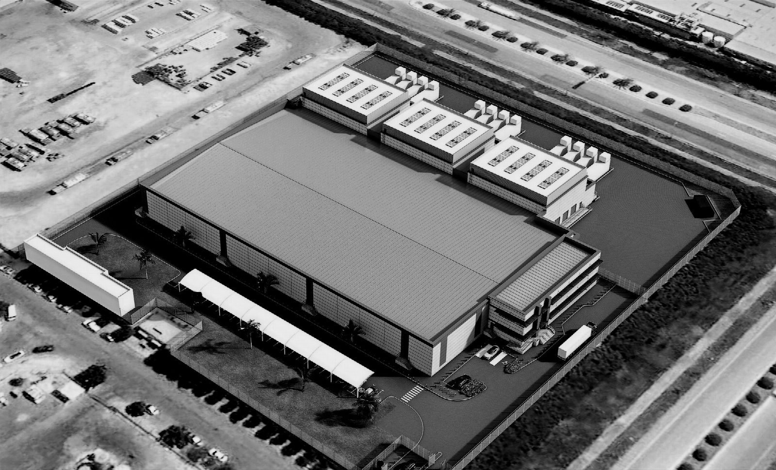Monochrome aerial rendering of the campus.