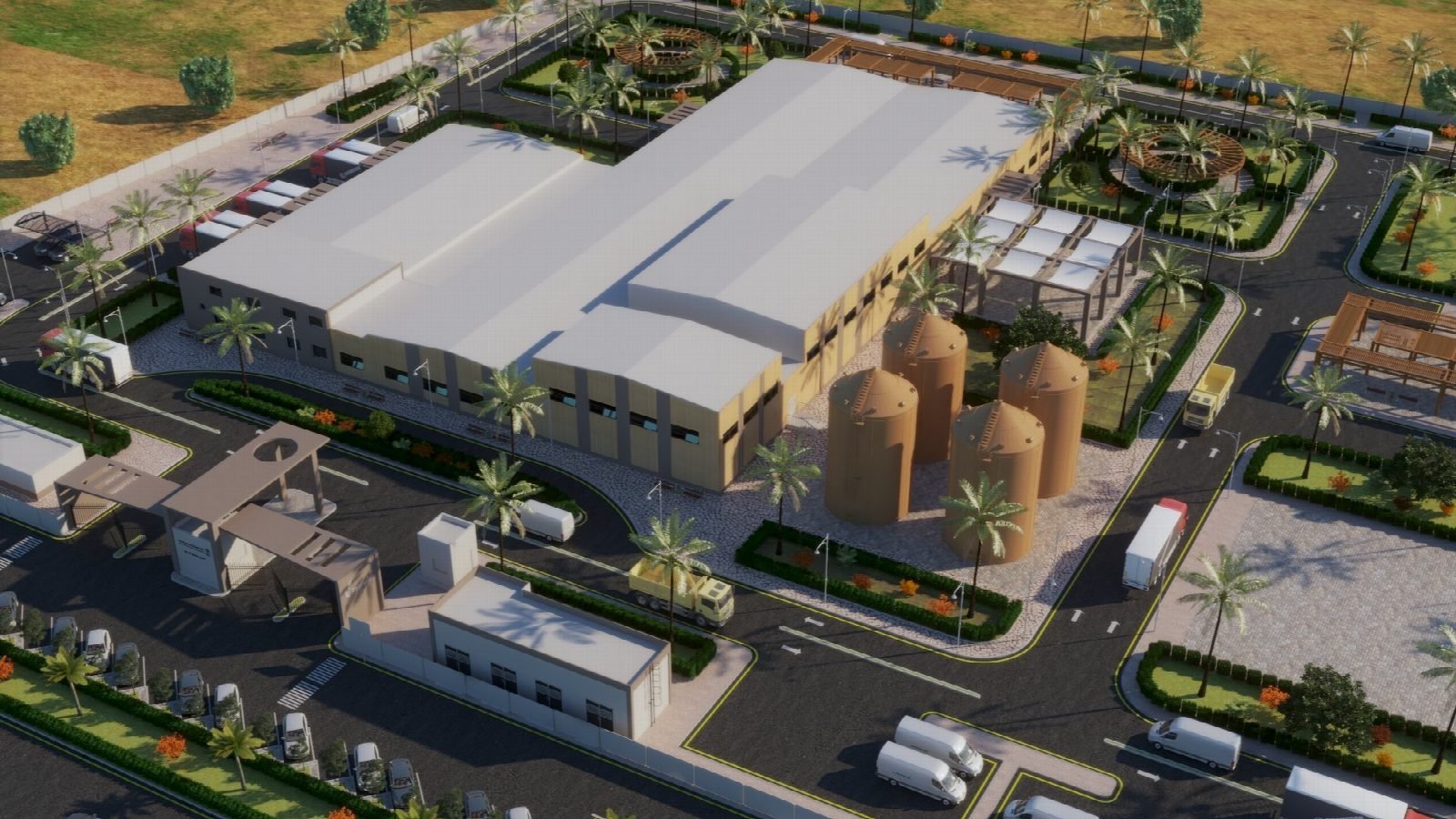 Aerial view across the plant towards the silos and truck yard.