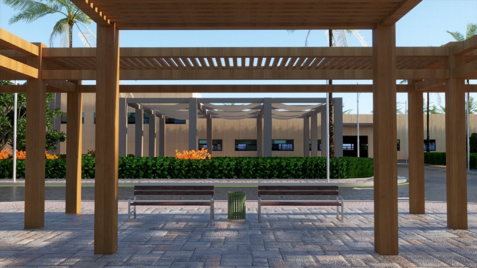 Render of the shaded pergola and staff seating area.